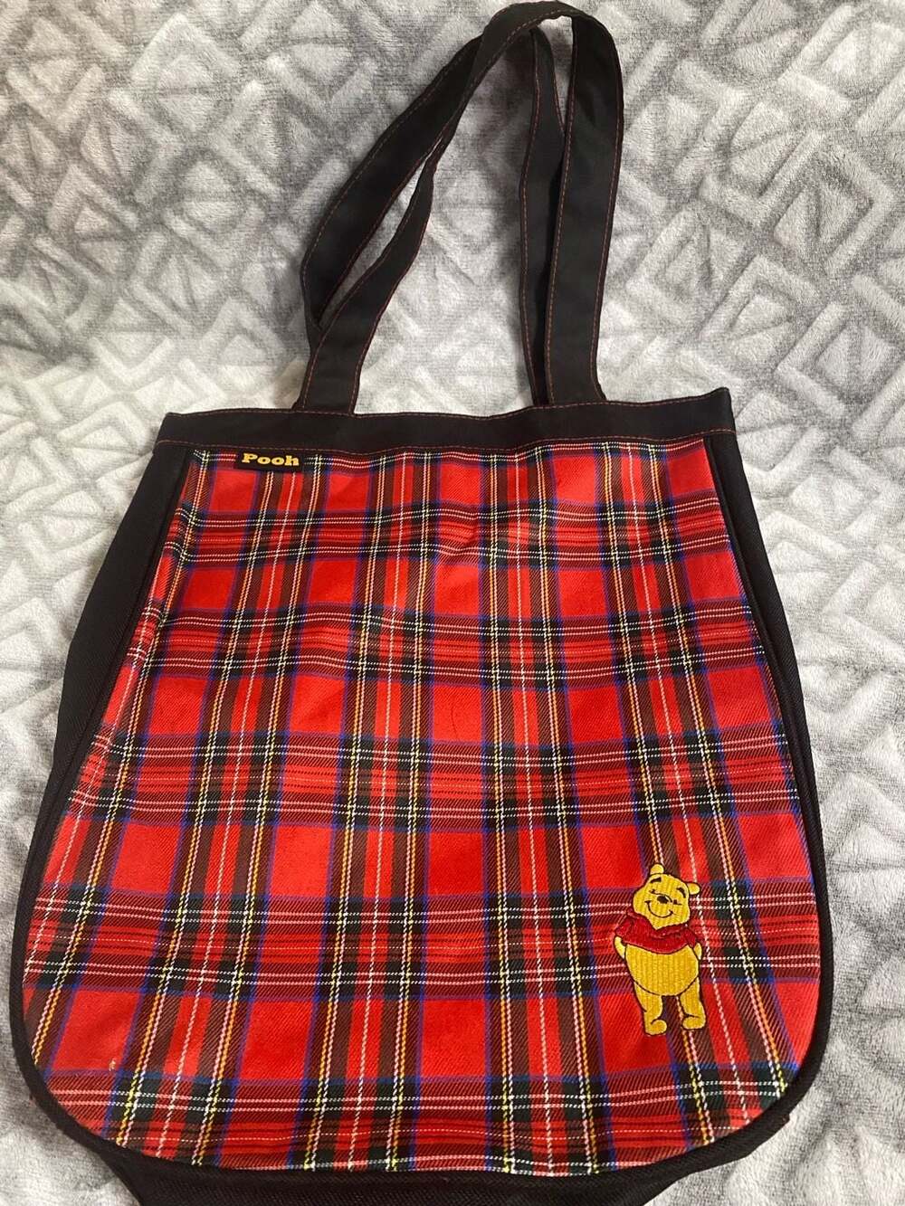 Disney Winnie The Pooh Red Plaid Tartan Embroidered Tote Bag